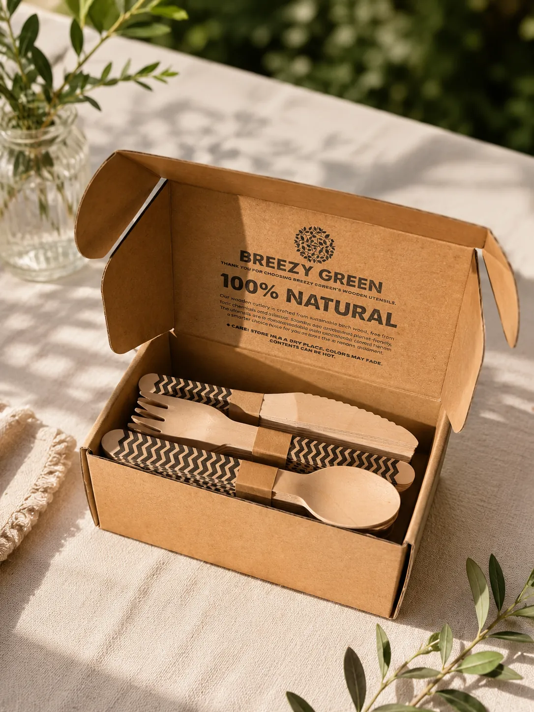 Open Breezy Green kraft box filled with 150 black chevron birchwood forks, spoons and knives